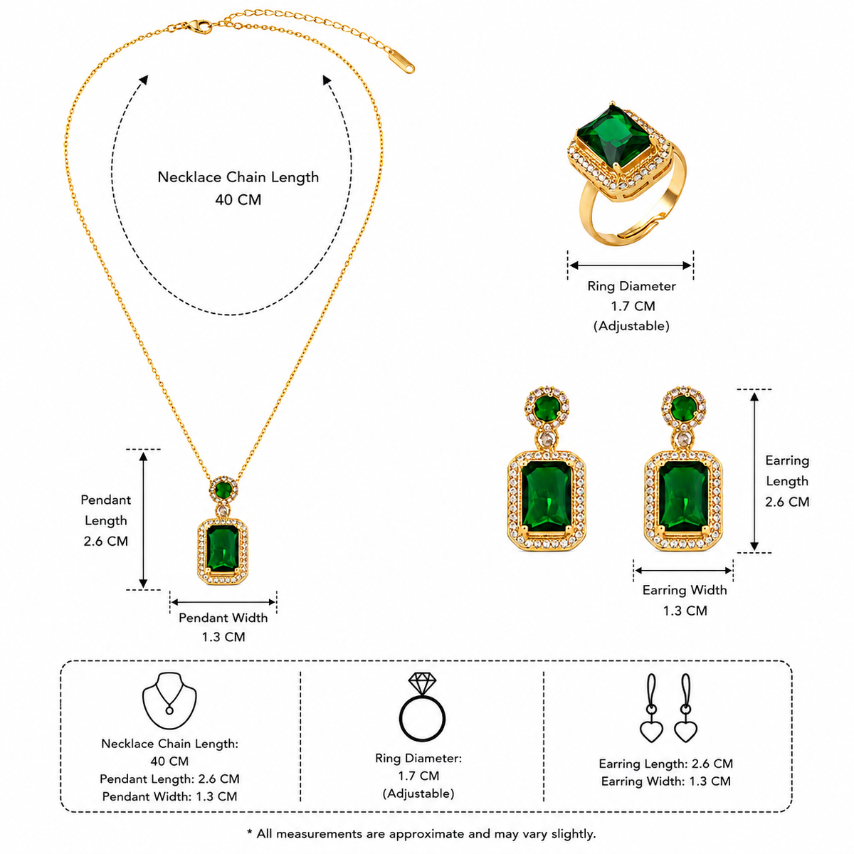 Green Emerald Necklace and Earrings Set - 18K Gold Plated