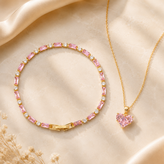 Pink Tennis Bracelet & Heart Necklace Set