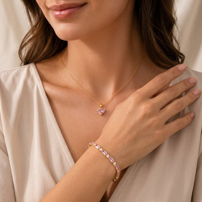 Pink Tennis Bracelet & Heart Necklace Set