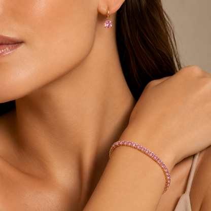 Pink Cushion Earring & Tennis Bracelet Set