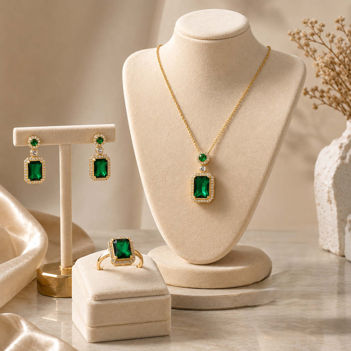Green Emerald Necklace and Earrings Set - 18K Gold Plated