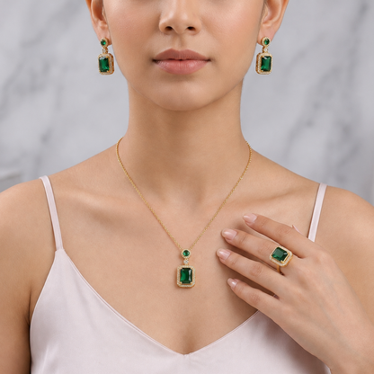 Green Emerald Necklace and Earrings Set - 18K Gold Plated