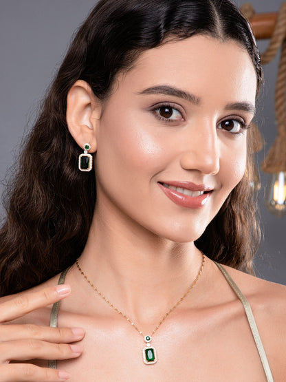 Green Emerald Necklace and Earrings Set - 18K Gold Plated