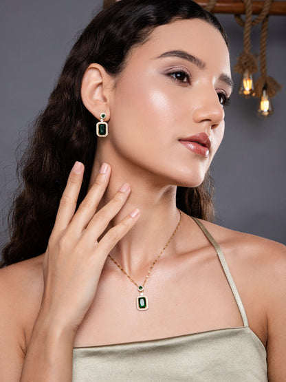 Green Emerald Necklace and Earrings Set - 18K Gold Plated