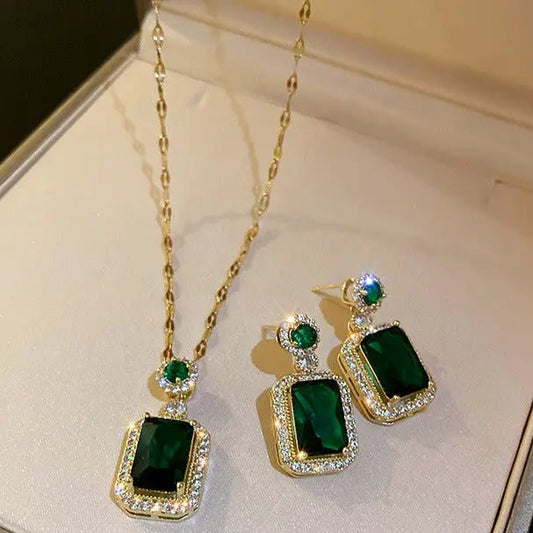 Green Emerald Necklace and Earrings Set - 18K Gold Plated