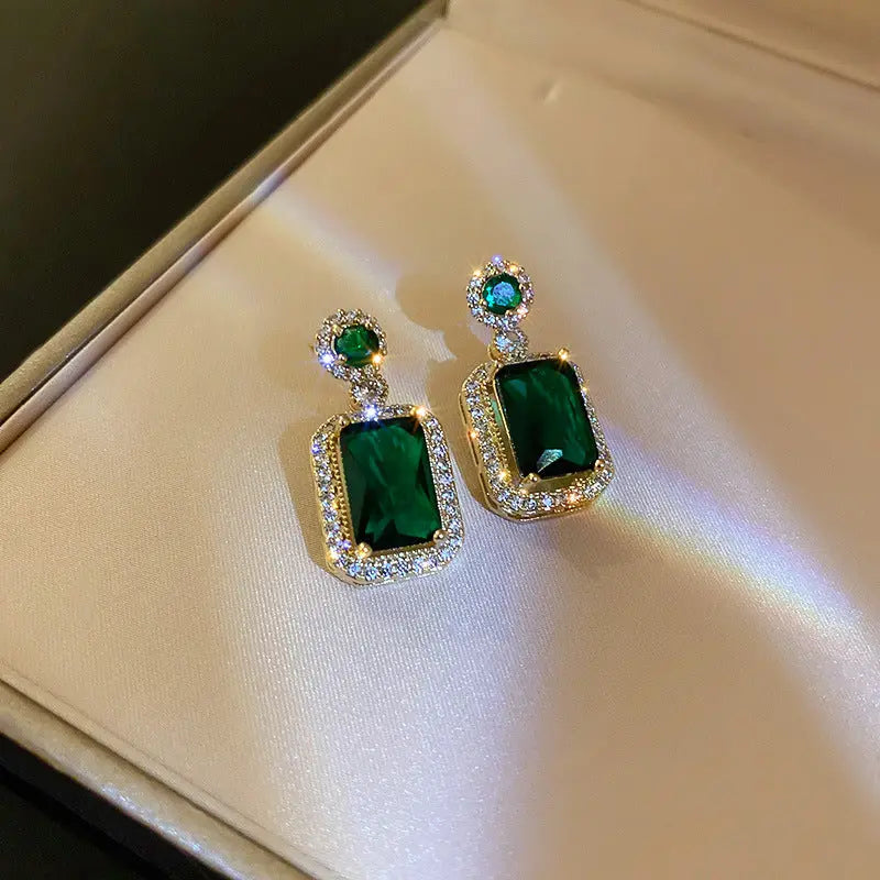 Green Emerald Necklace and Earrings Set - 18K Gold Plated