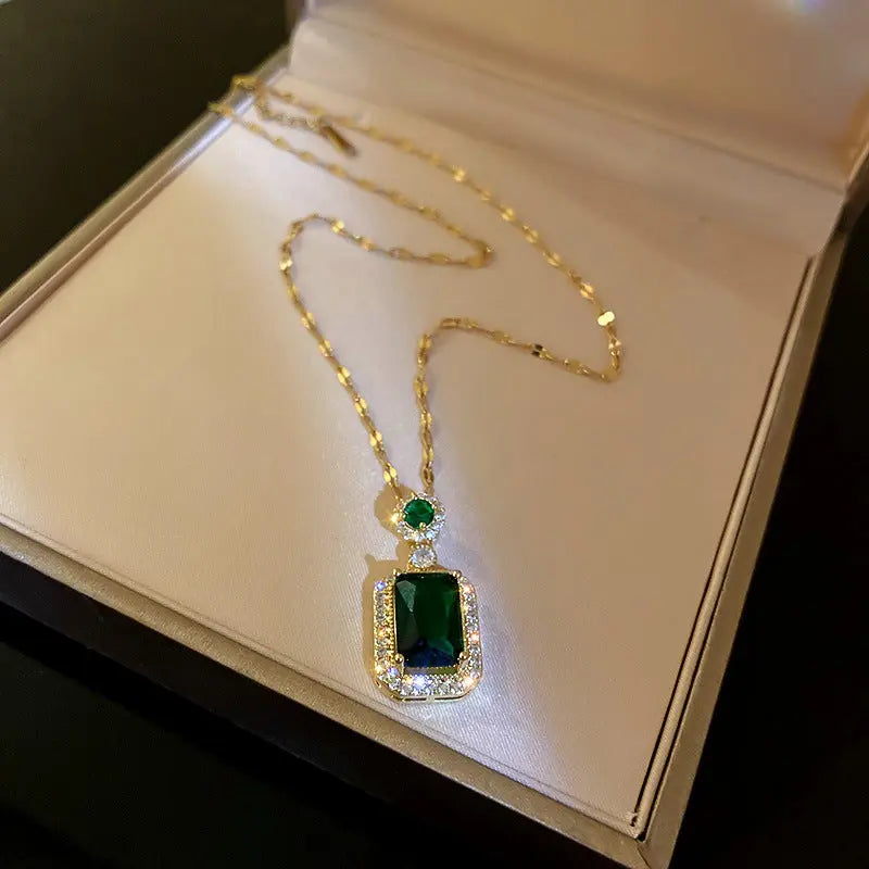 Green Emerald Necklace and Earrings Set - 18K Gold Plated