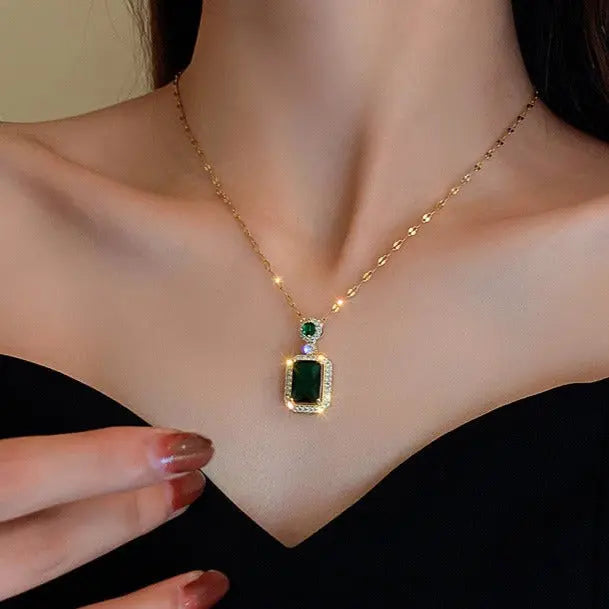 Green Emerald Necklace and Earrings Set - 18K Gold Plated