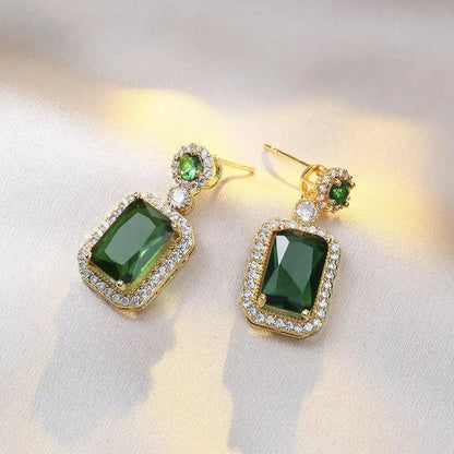 Green Emerald Necklace and Earrings Set - 18K Gold Plated