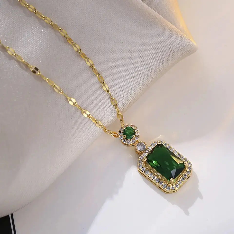 Green Emerald Necklace and Earrings Set - 18K Gold Plated