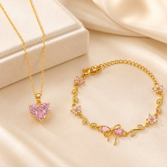 Pink Heart Necklace & Floral Bracelet Set