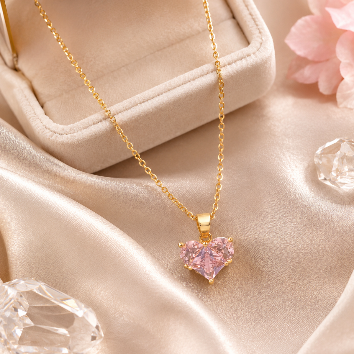Pink Heart Necklace & Floral Bracelet Set