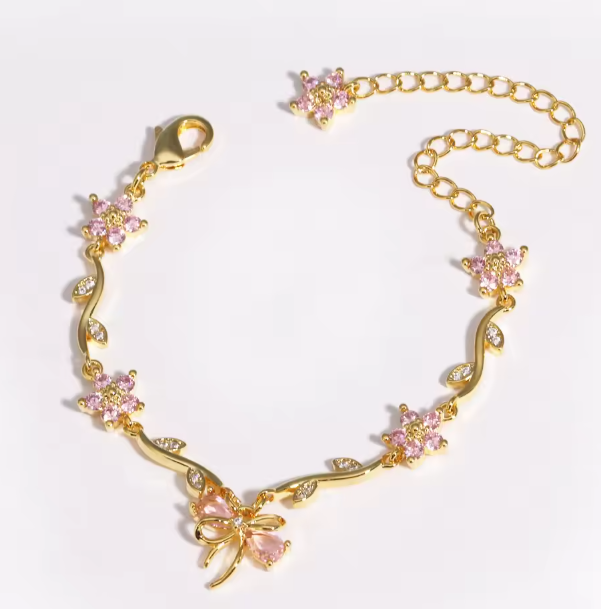 Pink Heart Necklace & Floral Bracelet Set