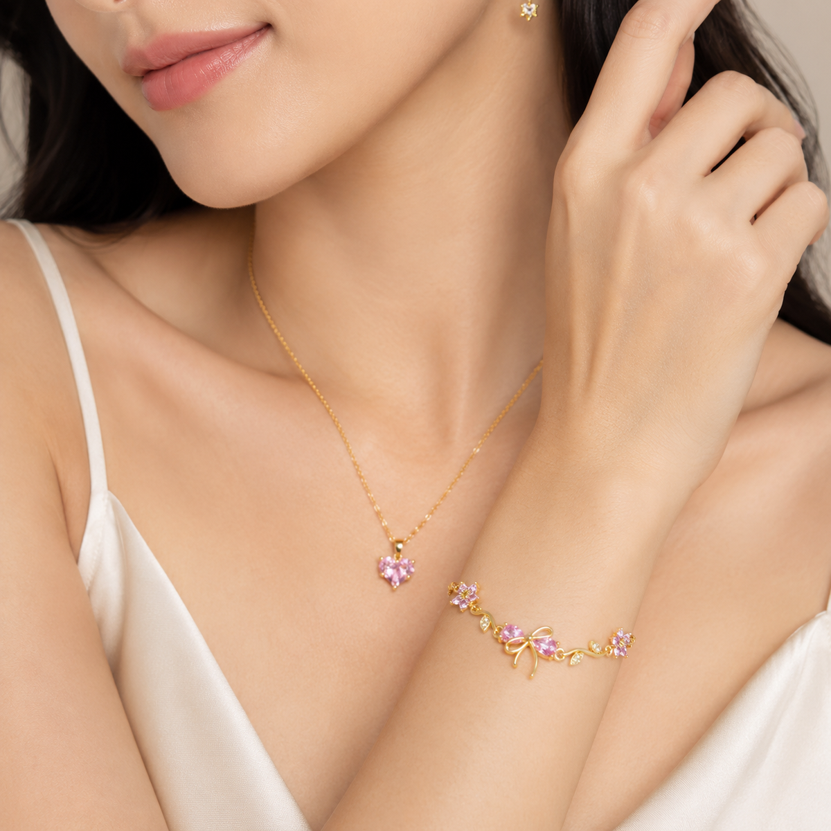 Pink Heart Necklace & Floral Bracelet Set