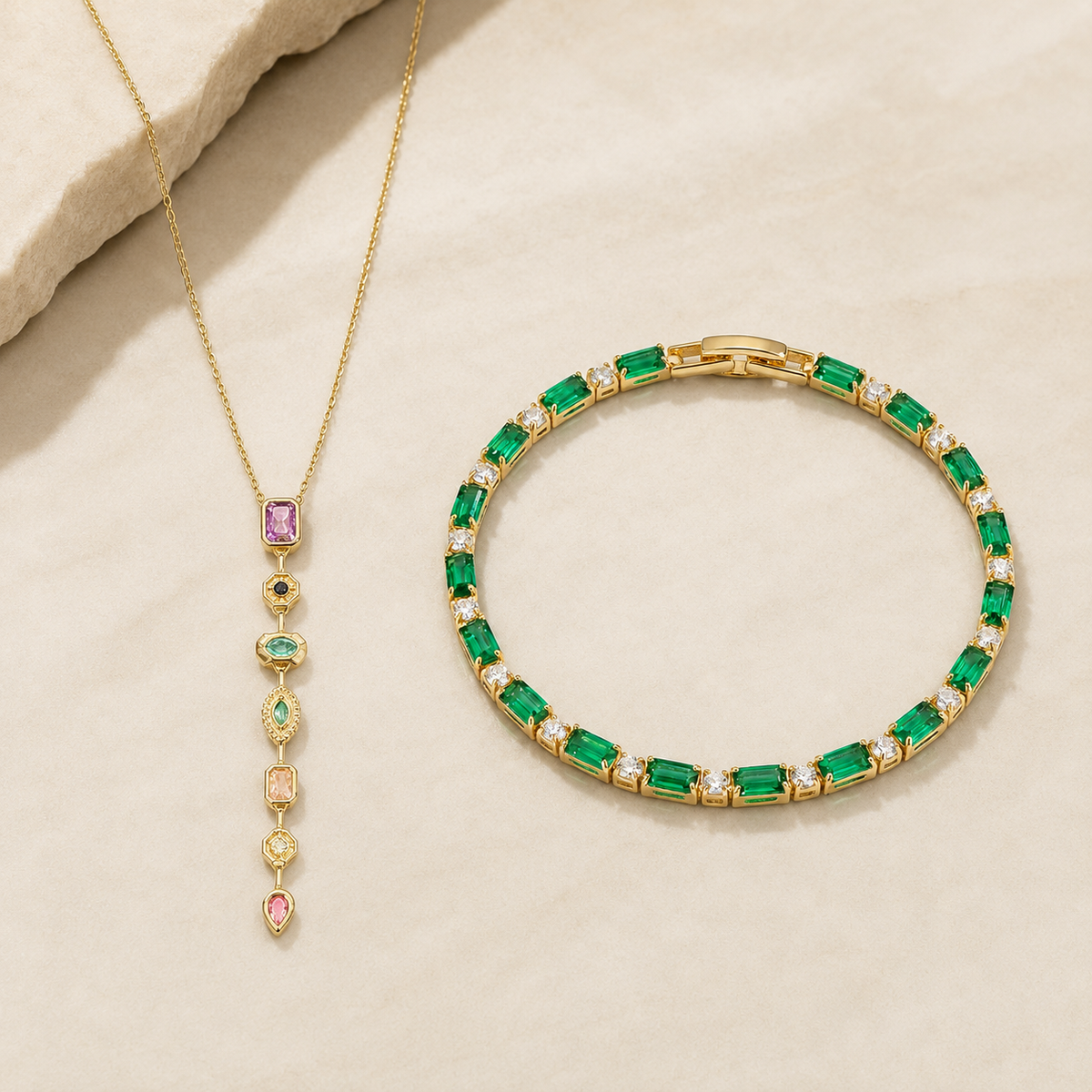 Multicolor Cascade Necklace & Emerald Bangle Set