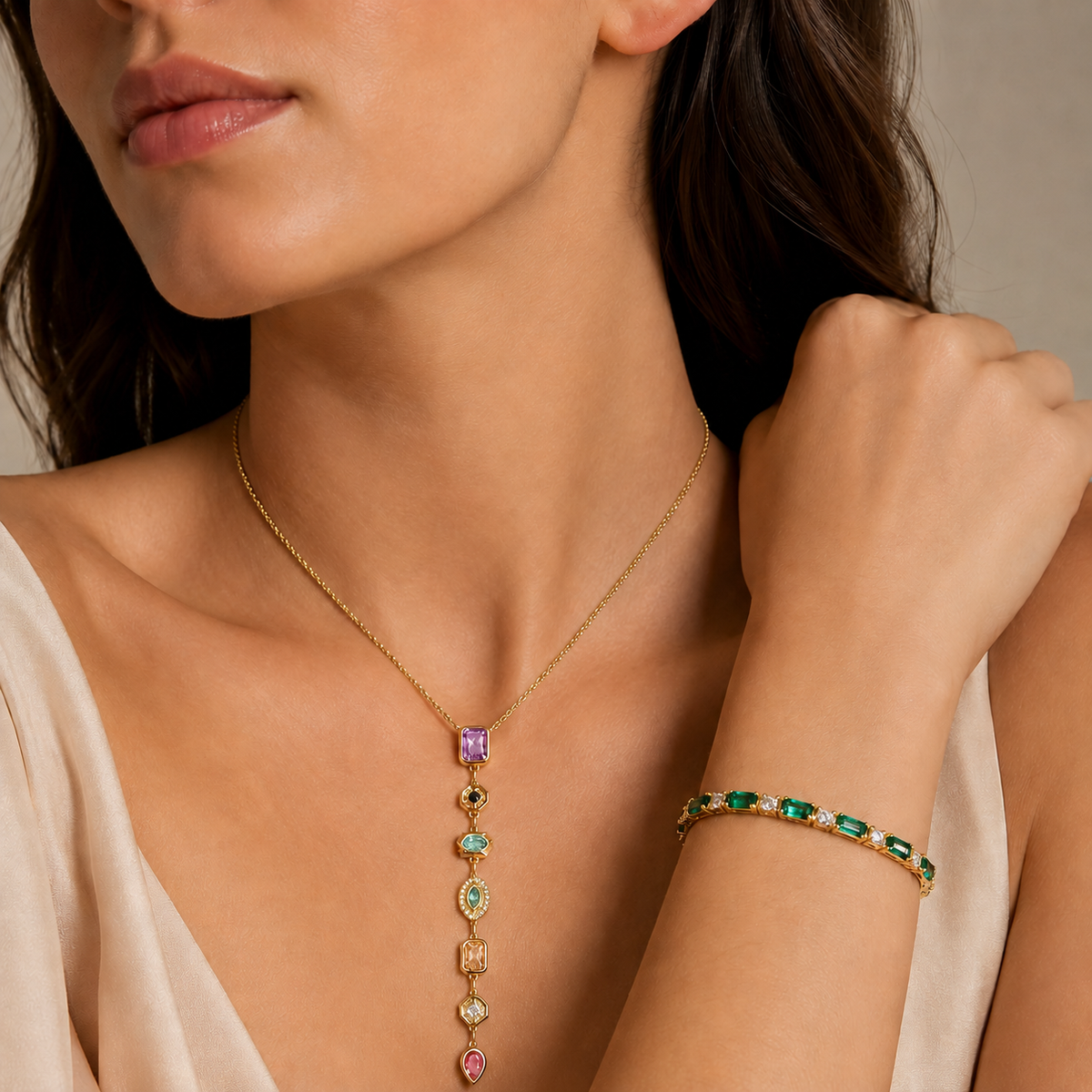 Multicolor Cascade Necklace & Emerald Bangle Set