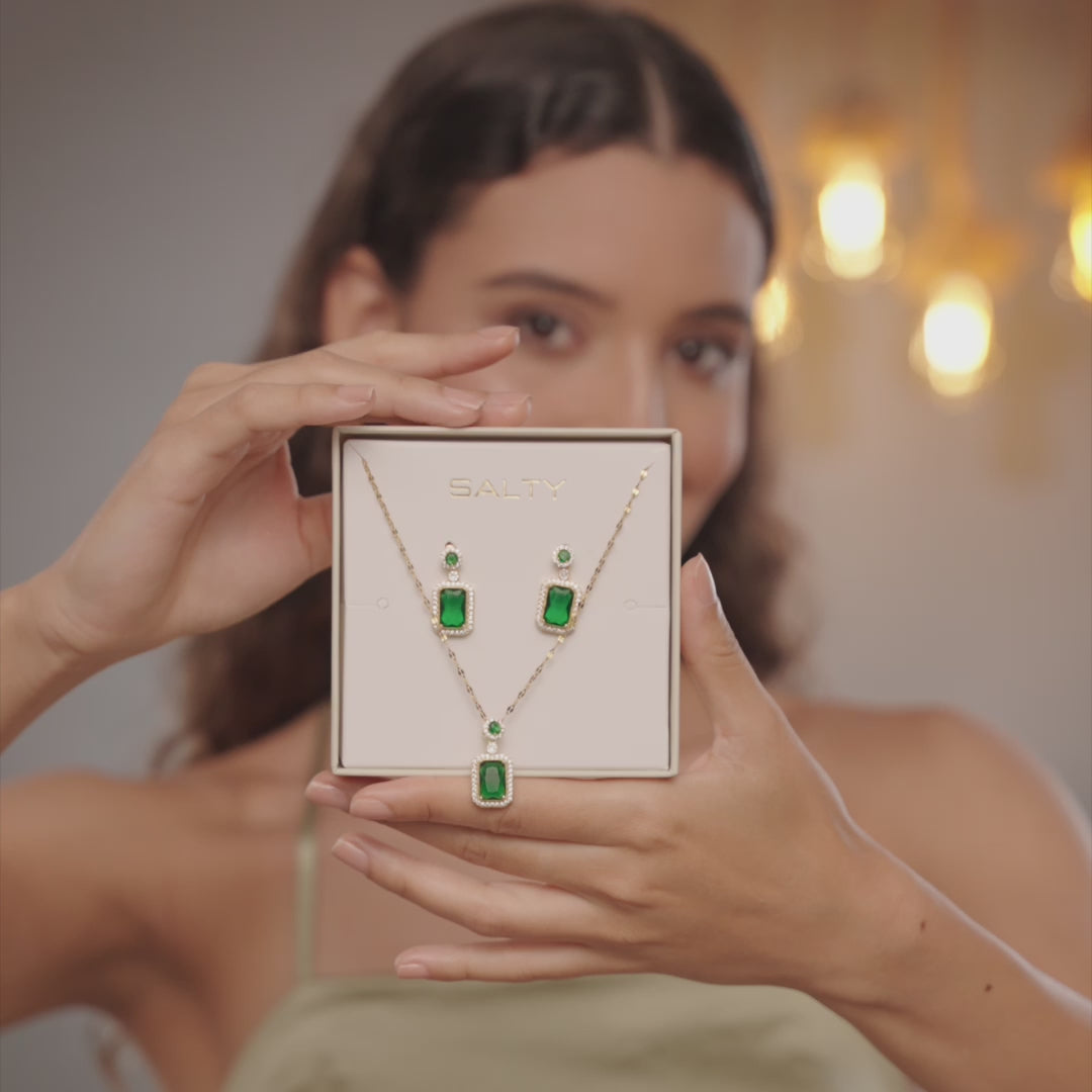 Green Emerald Necklace and Earrings Set - 18K Gold Plated