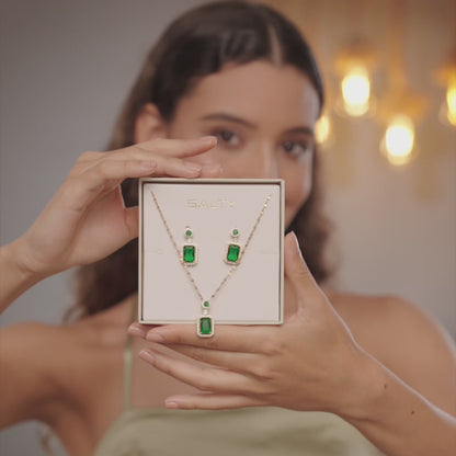 Green Emerald Necklace and Earrings Set - 18K Gold Plated