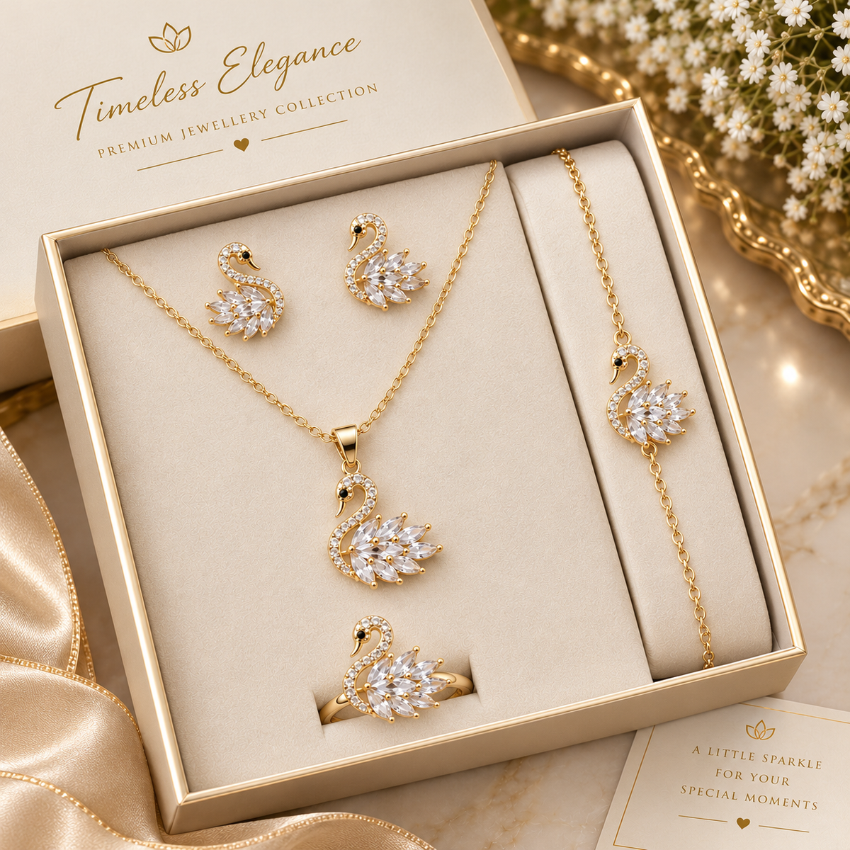 Swan Jewellery Set for Women – 18K Gold Plated with Zircon Crystal Stones